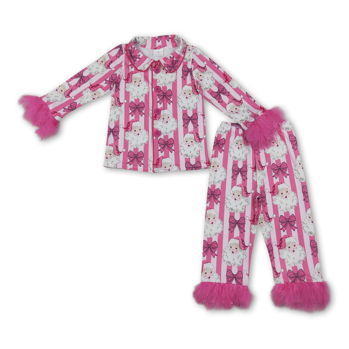 Girls’ Santa Bow Fur-Sleeve Christmas Pajamas