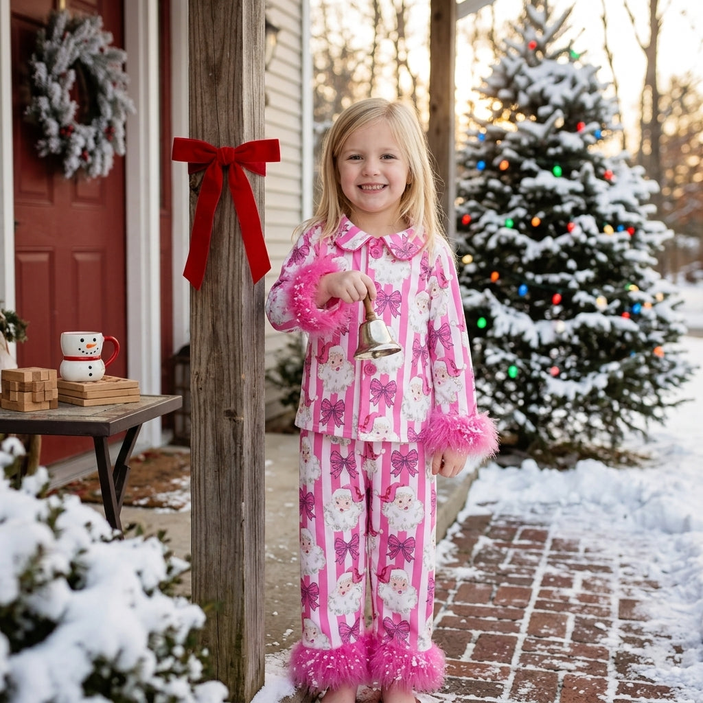 Girls’ Santa Bow Fur-Sleeve Christmas Pajamas