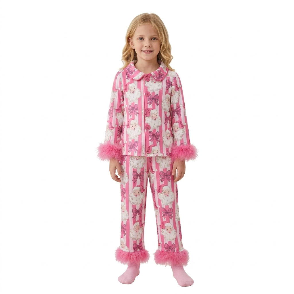 Girls’ Santa Bow Fur-Sleeve Christmas Pajamas
