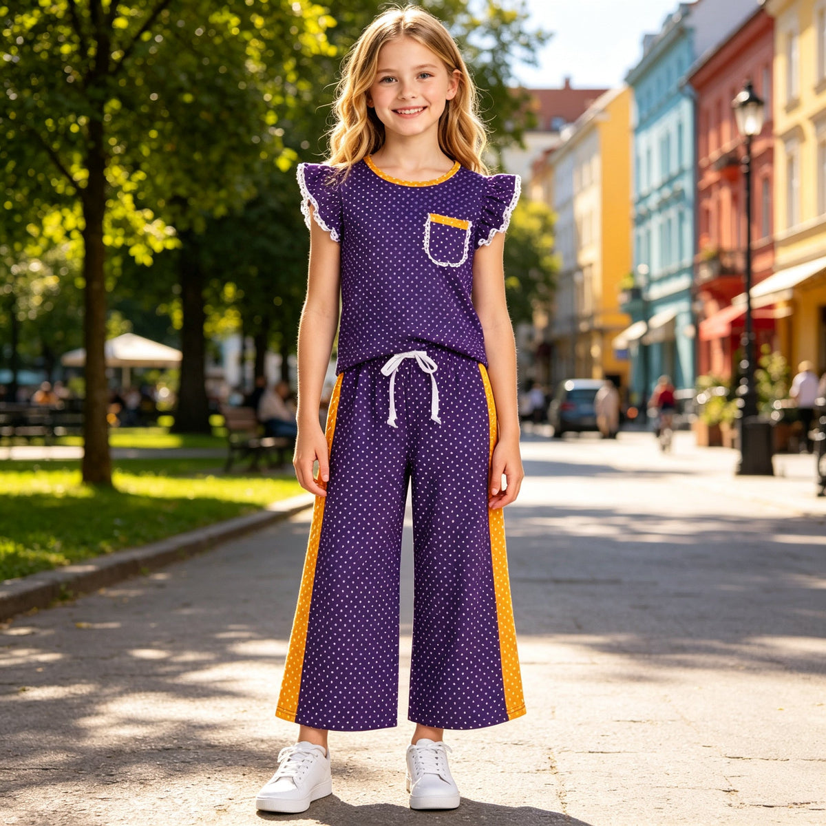 Girls’ Purple Polka Dot Top & Pants Set