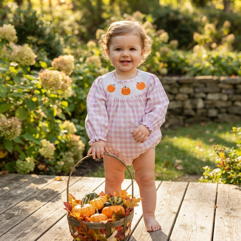 Pink Plaid Pumpkin Smocked Romper