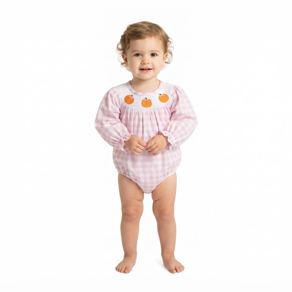 Pink Plaid Pumpkin Smocked Romper