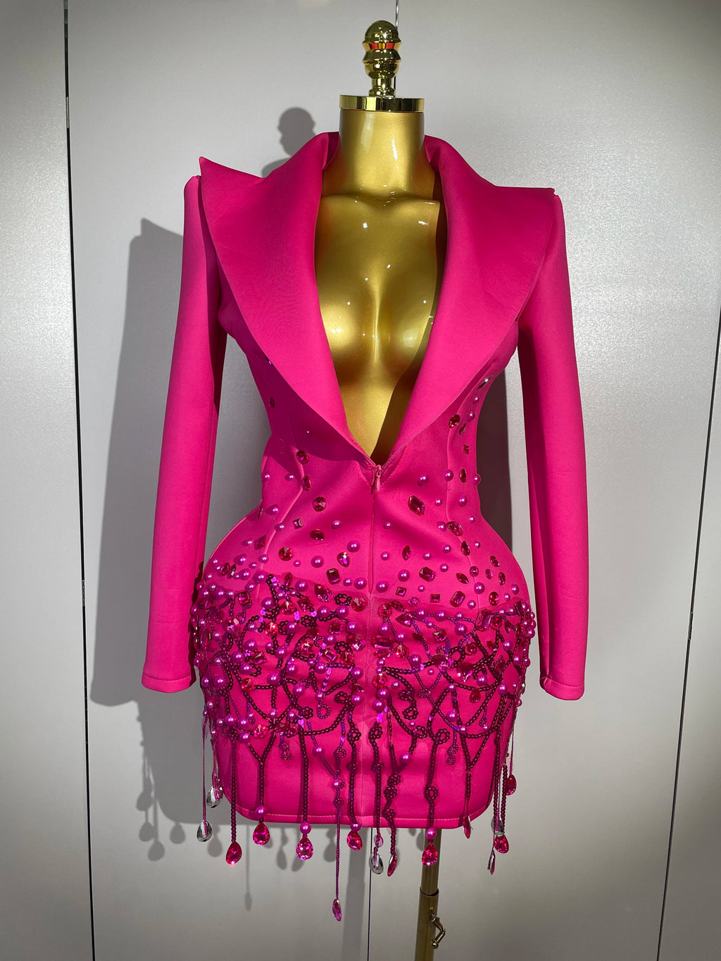 Sparkly Crystal Chains Pearls Long Sleeve Mini Dress