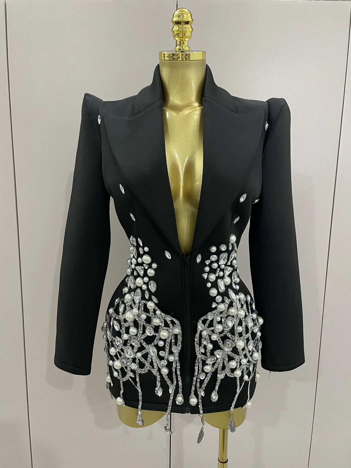 Sparkly Crystal Chains Pearls Long Sleeve Mini Dress